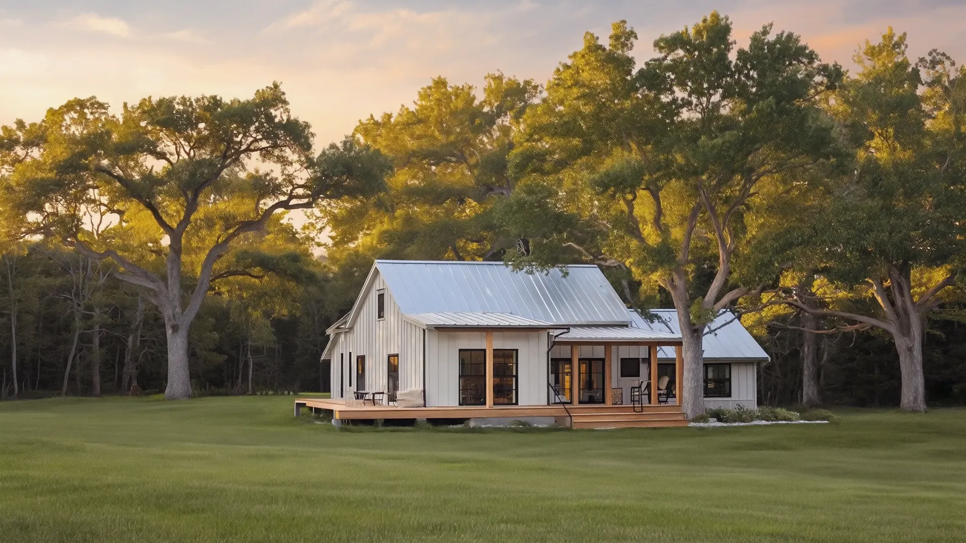 A new farmhouse on a cleared lot with mature oaks kept around it